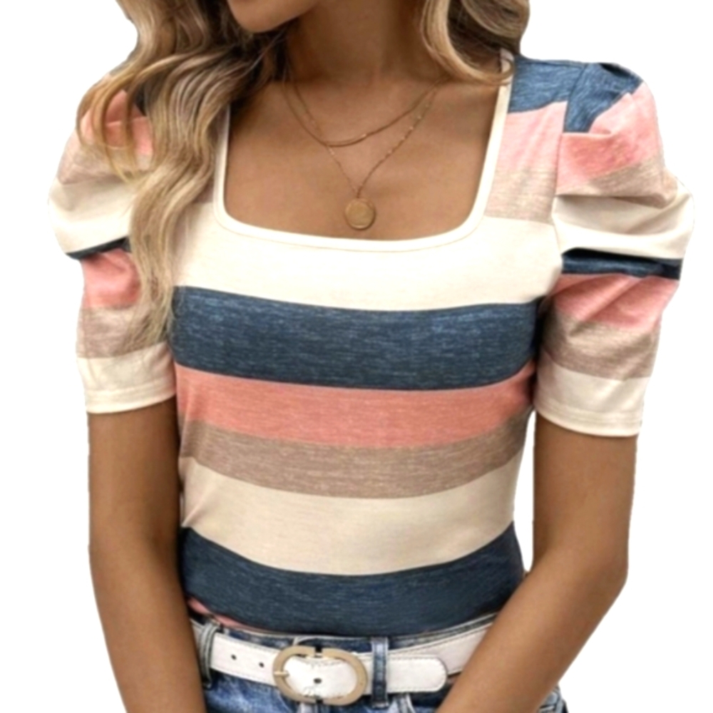 Petite Top Short Sleeve Lightweight Shirt Tops Square Necks Puff Sleeve T-shirt - Picture 5 of 5